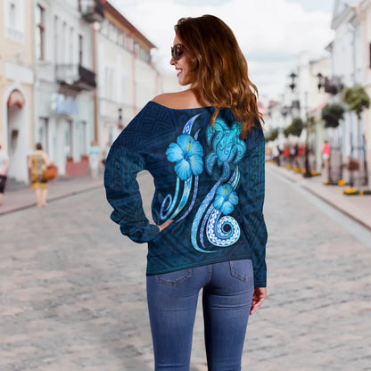 Hawaii Personalised Women Off Shoulder Sweater -Turtle and Tribal Tattoo Of Polynesian