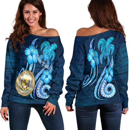 Hawaii Personalised Women Off Shoulder Sweater -Turtle and Tribal Tattoo Of Polynesian