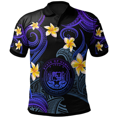 Hawaii Polo Shirt - Custom Personalised Polynesian Waves with Plumeria Flowers (Blue)