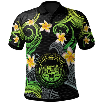 Hawaii Polo Shirt - Custom Personalised Polynesian Waves with Plumeria Flowers (Green)