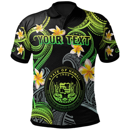Hawaii Polo Shirt - Custom Personalised Polynesian Waves with Plumeria Flowers (Green)