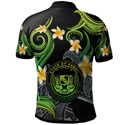 Hawaii Polo Shirt - Custom Personalised Polynesian Waves with Plumeria Flowers (Green)