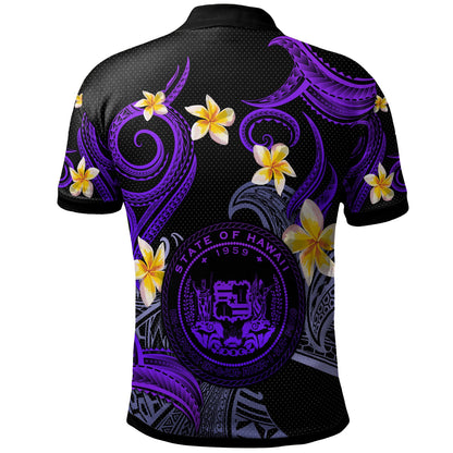 Hawaii Polo Shirt - Custom Personalised Polynesian Waves with Plumeria Flowers (Purple)