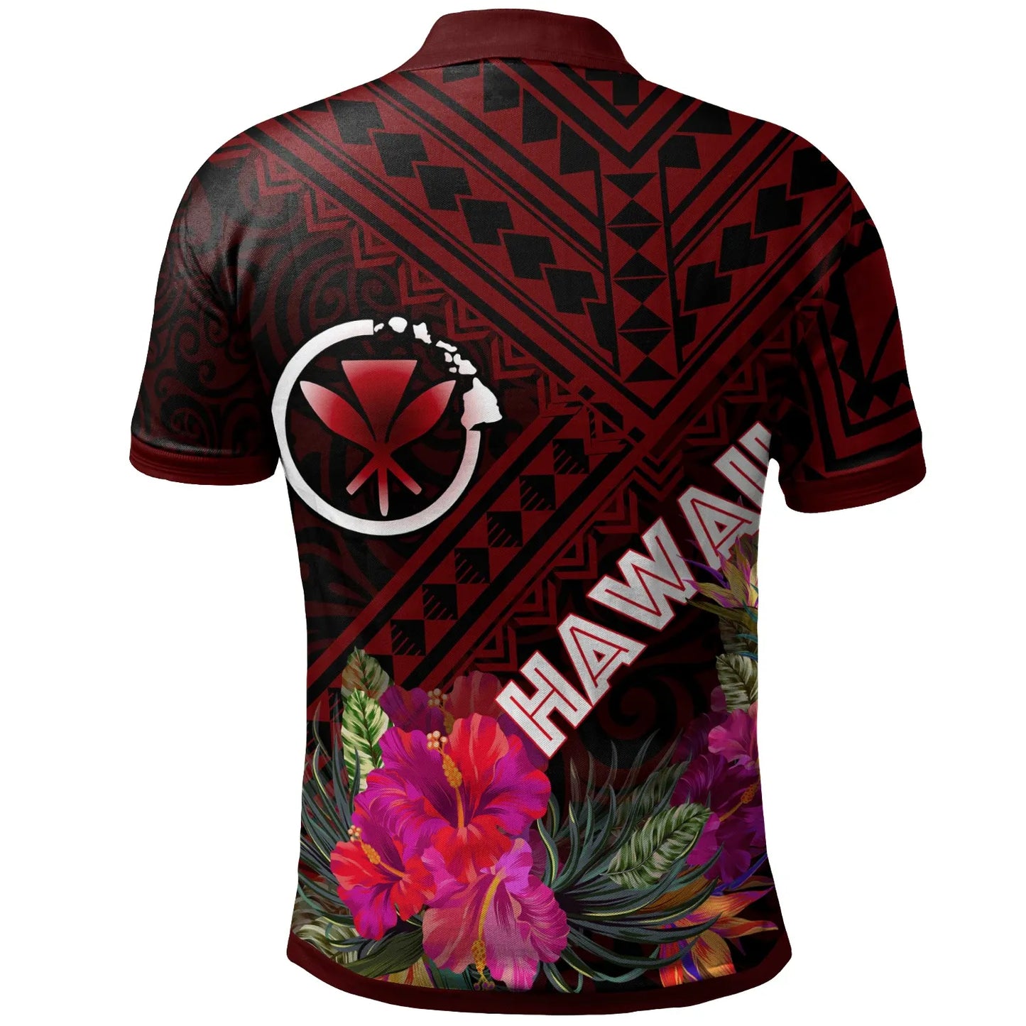 Hawaii Polo Shirt - Kanaka Maoli With Hibiscus On Polynesian Patterns (RED)
