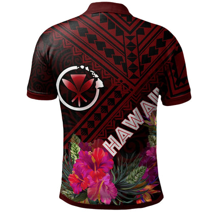 Hawaii Polo Shirt - Kanaka Maoli With Hibiscus On Polynesian Patterns (RED)
