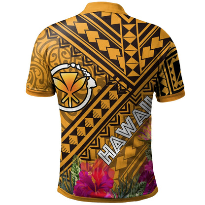 Hawaii Polo Shirt - Kanaka Maoli With Hibiscus On Polynesian Patterns (YELLOW)