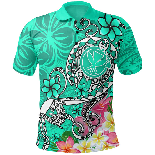 Hawaii Polo Shirt - Turtle Plumeria Polynesian Tattoo Turquoise Color