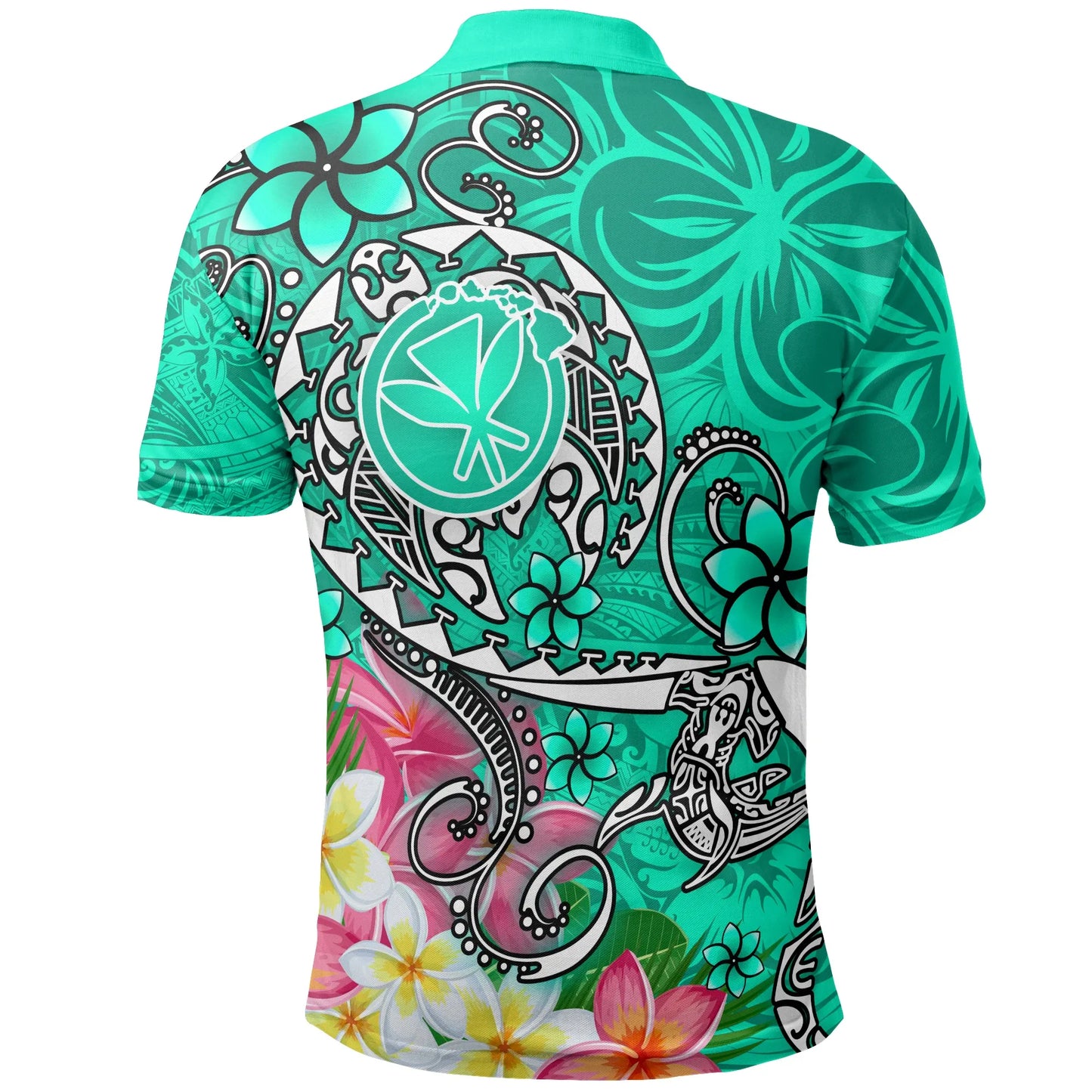 Hawaii Polo Shirt - Turtle Plumeria Polynesian Tattoo Turquoise Color