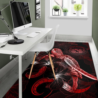 Hawaii Polynesian Area Rugs - Turtle With Blooming Hibiscus Red