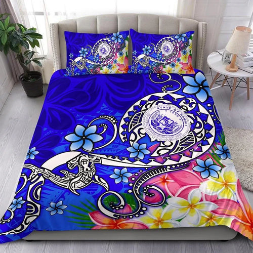 Hawaii Polynesian Bedding Set - Hawaii Seal With Turtle Plumeria (Blue)