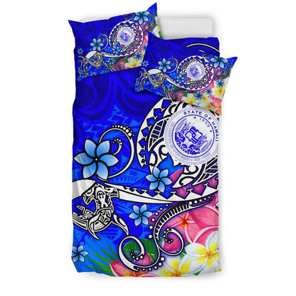 Hawaii Polynesian Bedding Set - Hawaii Seal With Turtle Plumeria (Blue)