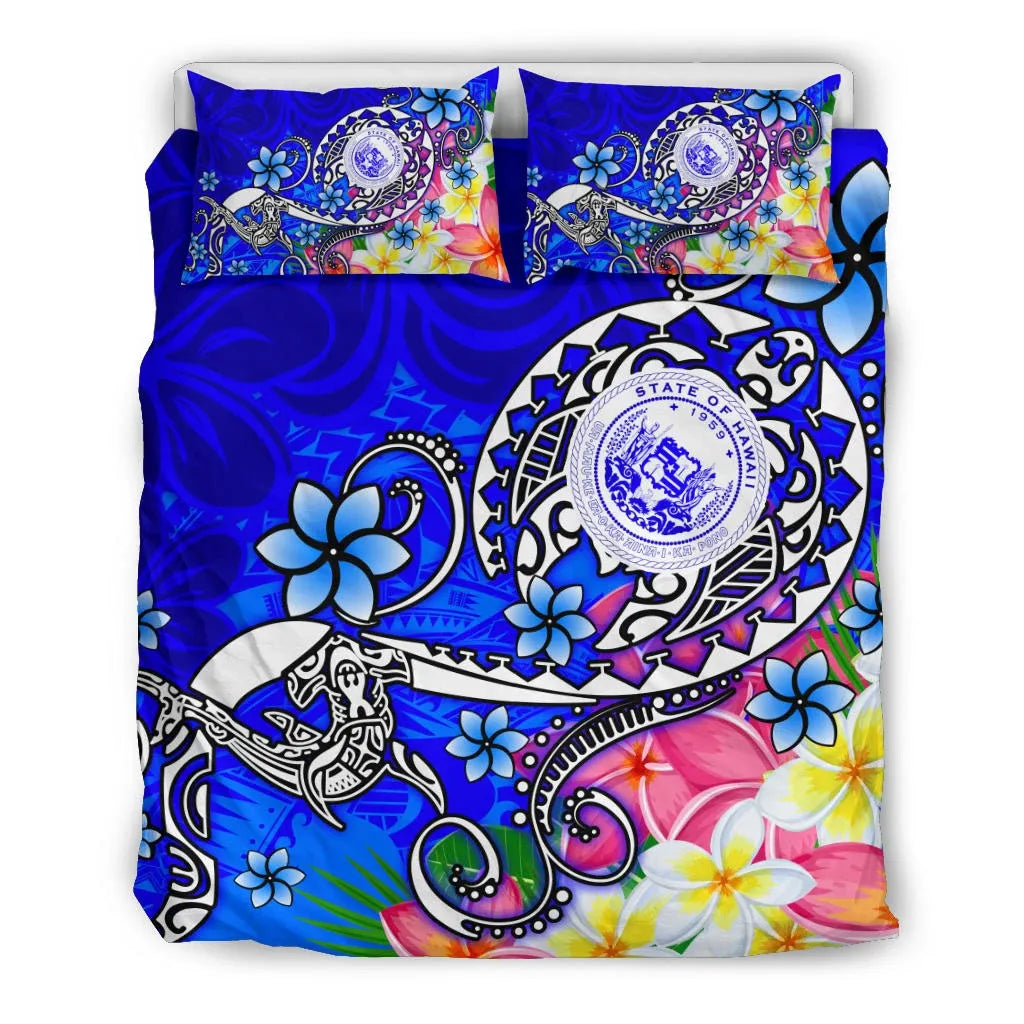 Hawaii Polynesian Bedding Set - Hawaii Seal With Turtle Plumeria (Blue)
