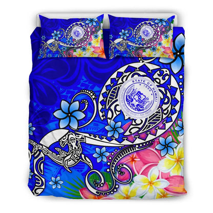 Hawaii Polynesian Bedding Set - Hawaii Seal With Turtle Plumeria (Blue)