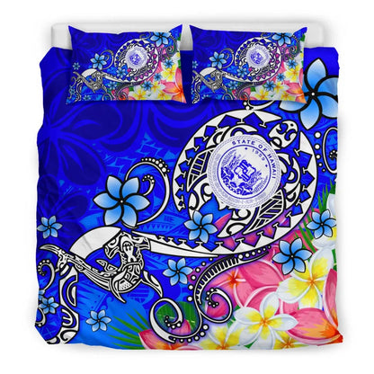 Hawaii Polynesian Bedding Set - Hawaii Seal With Turtle Plumeria (Blue)