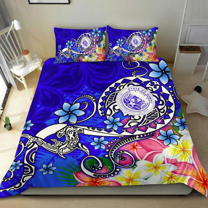 Hawaii Polynesian Bedding Set - Hawaii Seal With Turtle Plumeria (Blue)