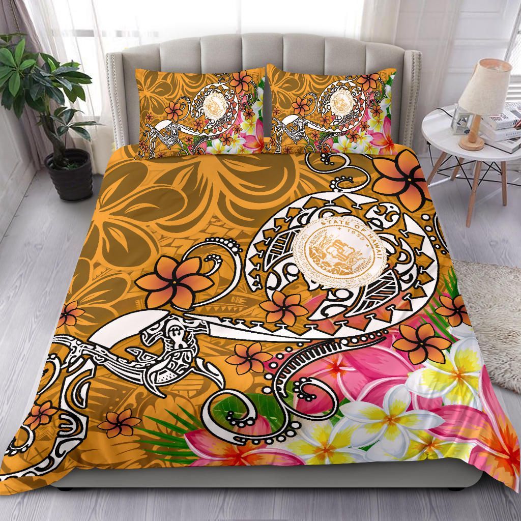 Hawaii Polynesian Bedding Set - Hawaii Seal With Turtle Plumeria (Gold)