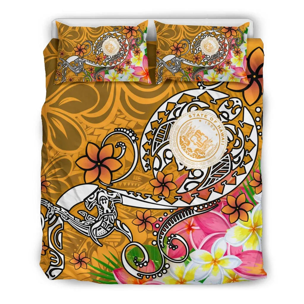 Hawaii Polynesian Bedding Set - Hawaii Seal With Turtle Plumeria (Gold)