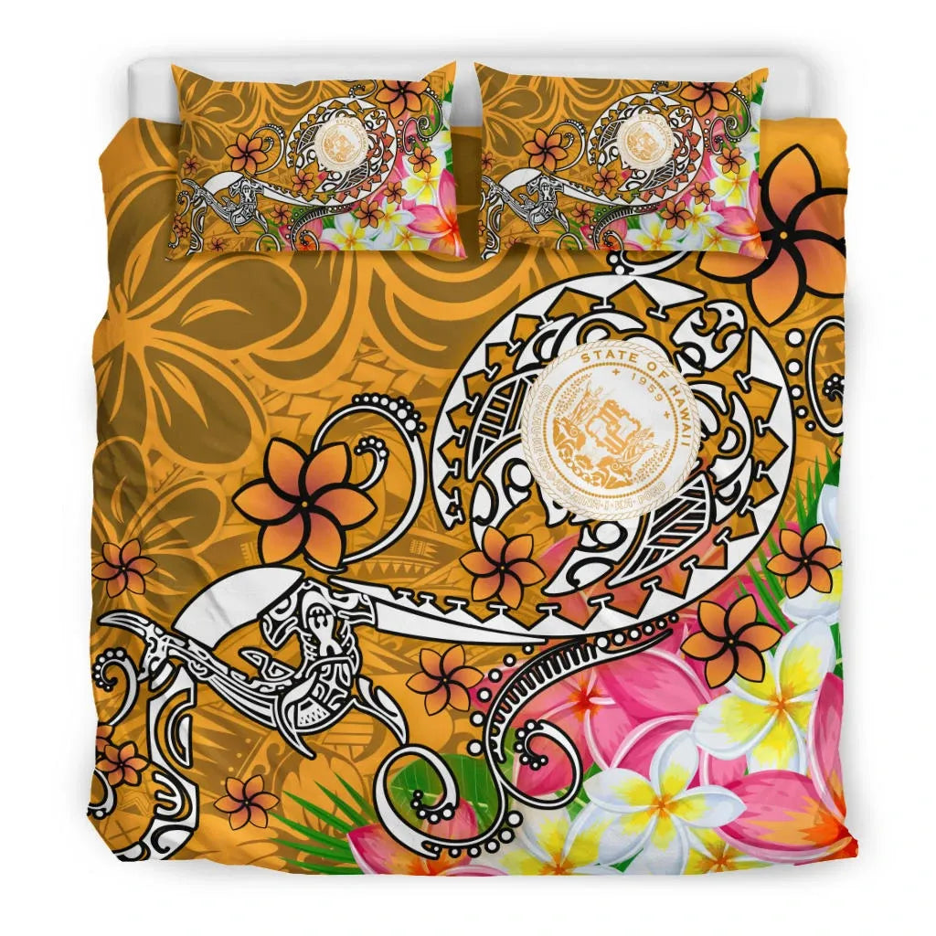 Hawaii Polynesian Bedding Set - Hawaii Seal With Turtle Plumeria (Gold)