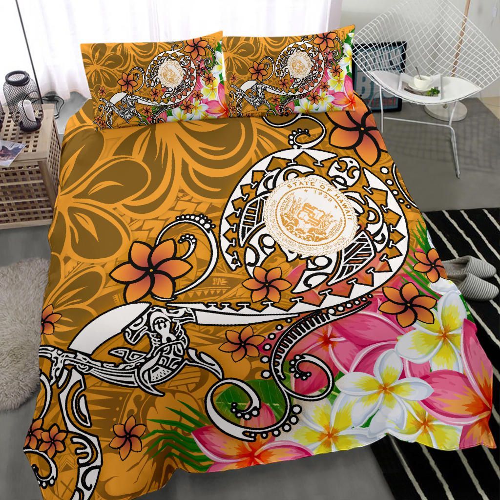 Hawaii Polynesian Bedding Set - Hawaii Seal With Turtle Plumeria (Gold)