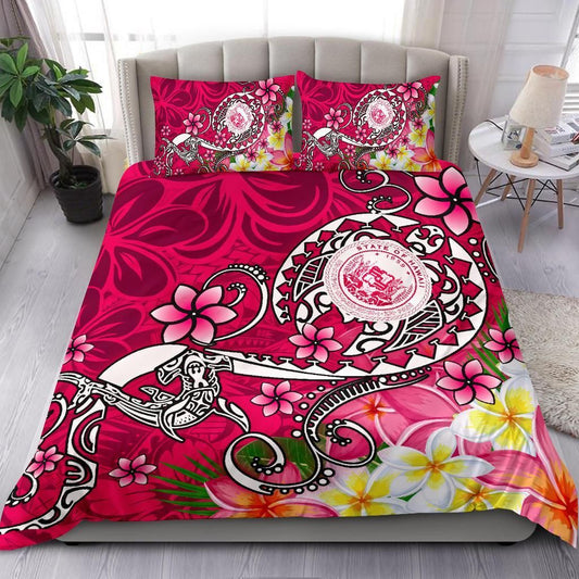 Hawaii Polynesian Bedding Set - Hawaii Seal With Turtle Plumeria (Pink)