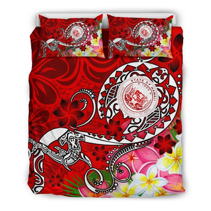 Hawaii Polynesian Bedding Set - Hawaii Seal With Turtle Plumeria (Red)