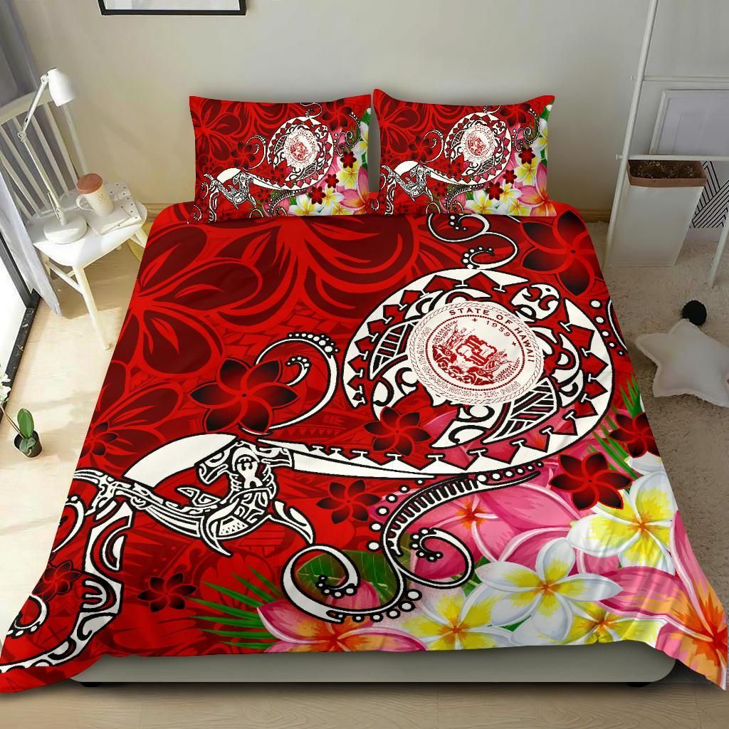 Hawaii Polynesian Bedding Set - Hawaii Seal With Turtle Plumeria (Red)