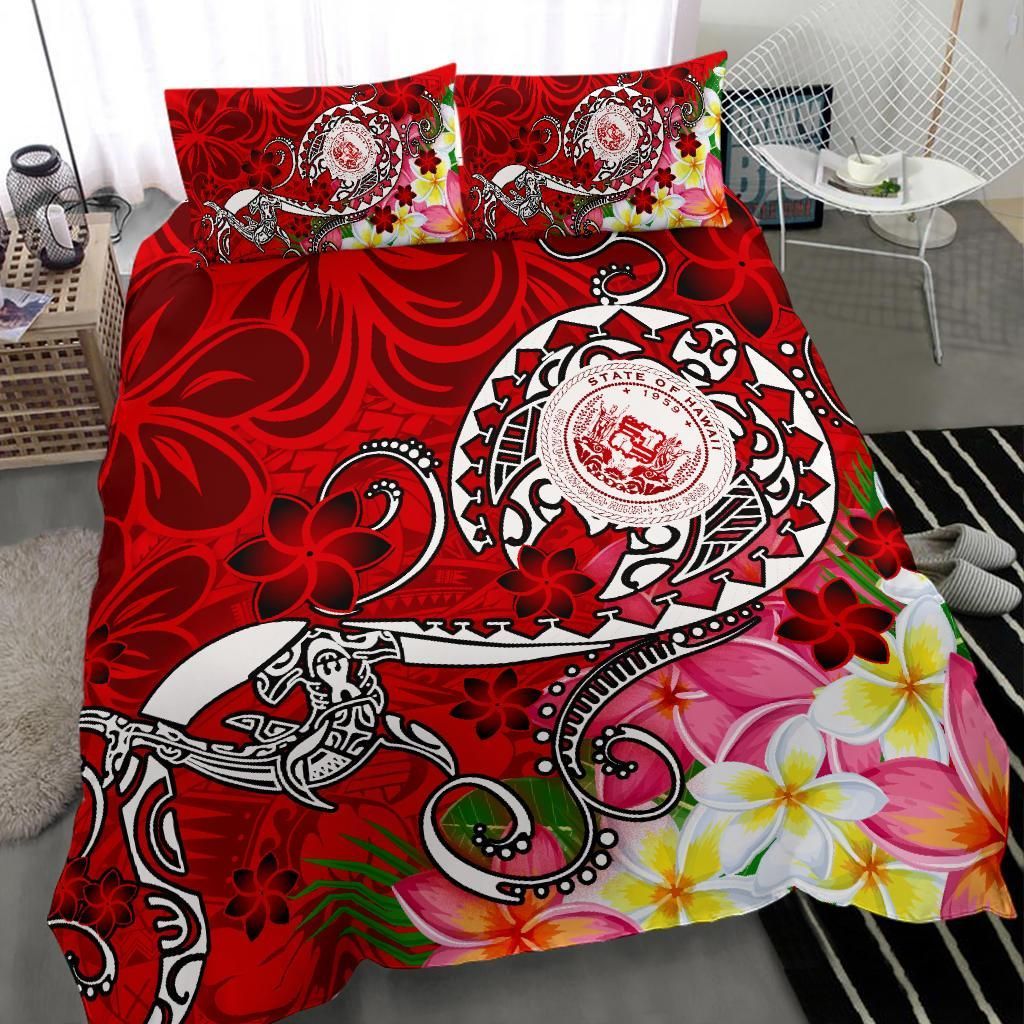 Hawaii Polynesian Bedding Set - Hawaii Seal With Turtle Plumeria (Red)