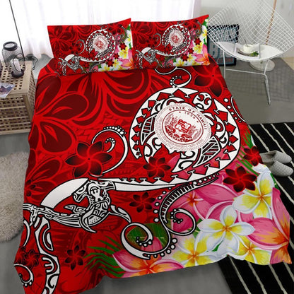 Hawaii Polynesian Bedding Set - Hawaii Seal With Turtle Plumeria (Red)