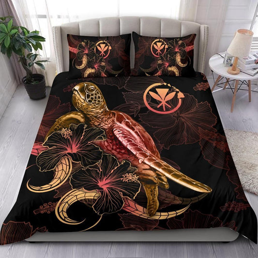 Hawaii Polynesian Bedding Set - Turtle With Blooming Hibiscus Gold