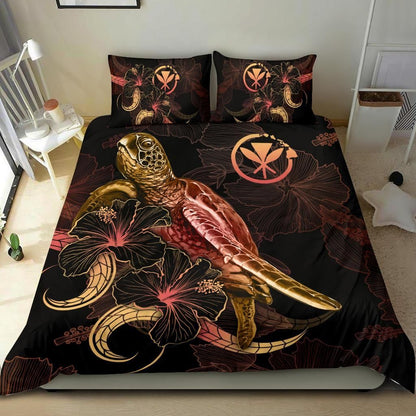 Hawaii Polynesian Bedding Set - Turtle With Blooming Hibiscus Gold