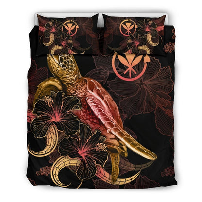 Hawaii Polynesian Bedding Set - Turtle With Blooming Hibiscus Gold