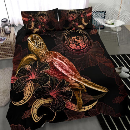 Hawaii Polynesian Bedding Set - Turtle With Blooming Hibiscus Gold