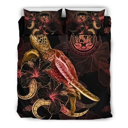 Hawaii Polynesian Bedding Set - Turtle With Blooming Hibiscus Gold