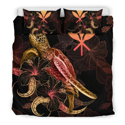 Hawaii Polynesian Bedding Set - Turtle With Blooming Hibiscus Gold