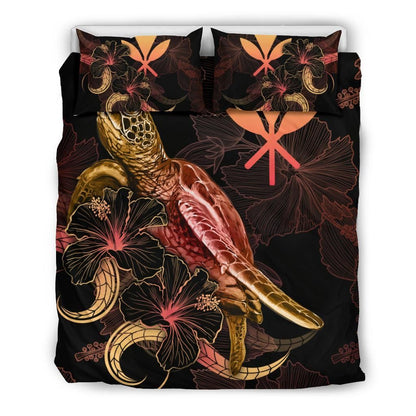 Hawaii Polynesian Bedding Set - Turtle With Blooming Hibiscus Gold