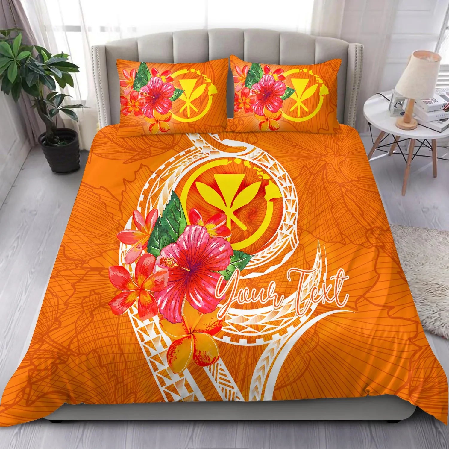 Hawaii Polynesian Custom Personalised Bedding Set - Orange Floral With Seal