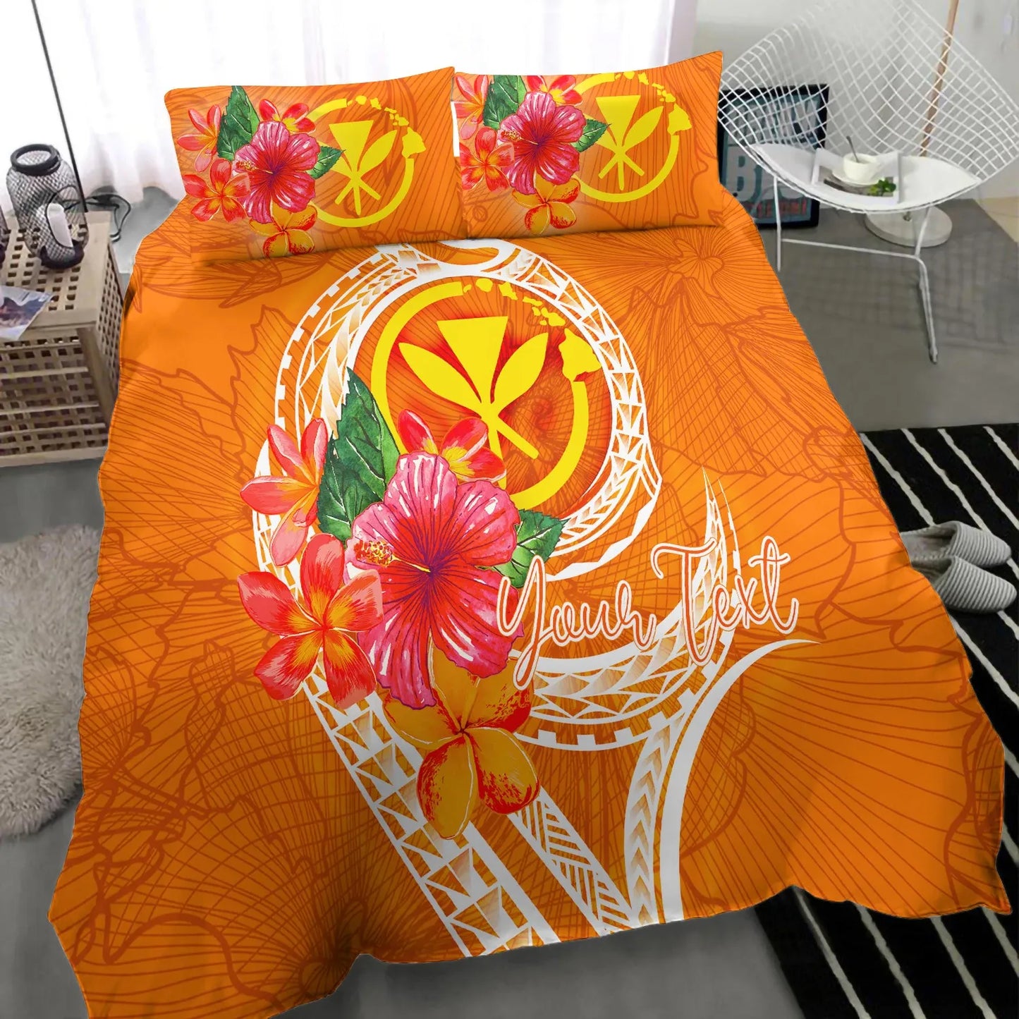 Hawaii Polynesian Custom Personalised Bedding Set - Orange Floral With Seal