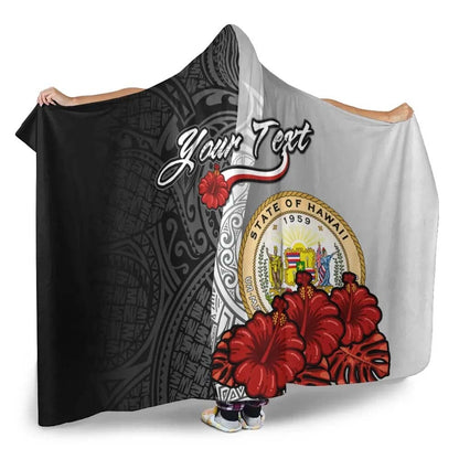 Hawaii Polynesian Custom Personalised Hooded Blanket- Coat Of Arm With Hibiscus White