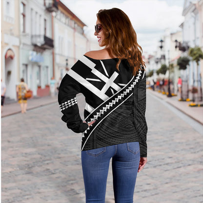 Hawaii Off Shoulder Sweatshirt Polynesian Flag Black Unique Style