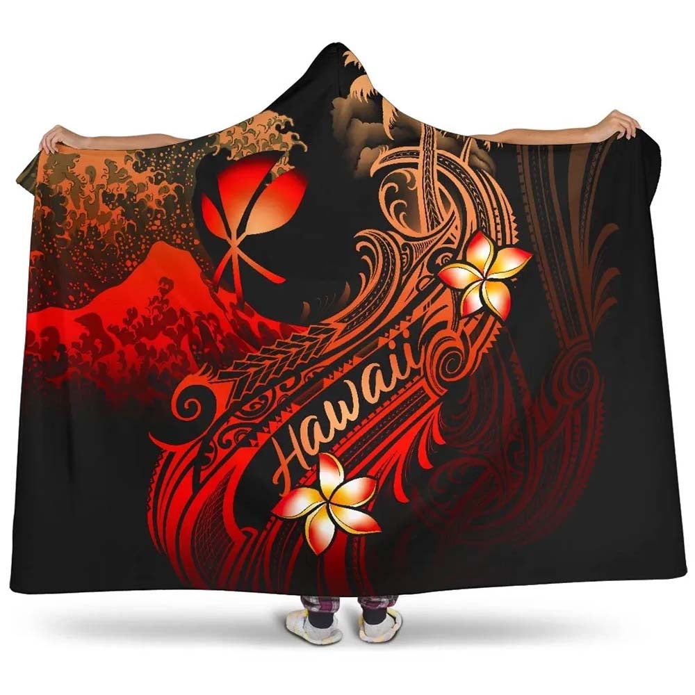 Hawaii Polynesian Hooded Blanket - Plumeria Flowers And Waves