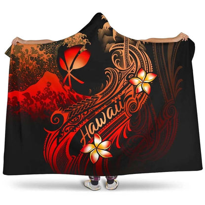 Hawaii Polynesian Hooded Blanket - Plumeria Flowers And Waves