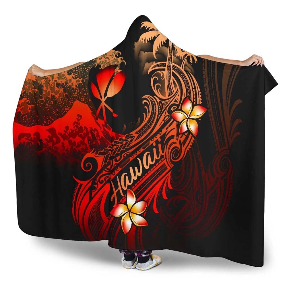 Hawaii Polynesian Hooded Blanket - Plumeria Flowers And Waves