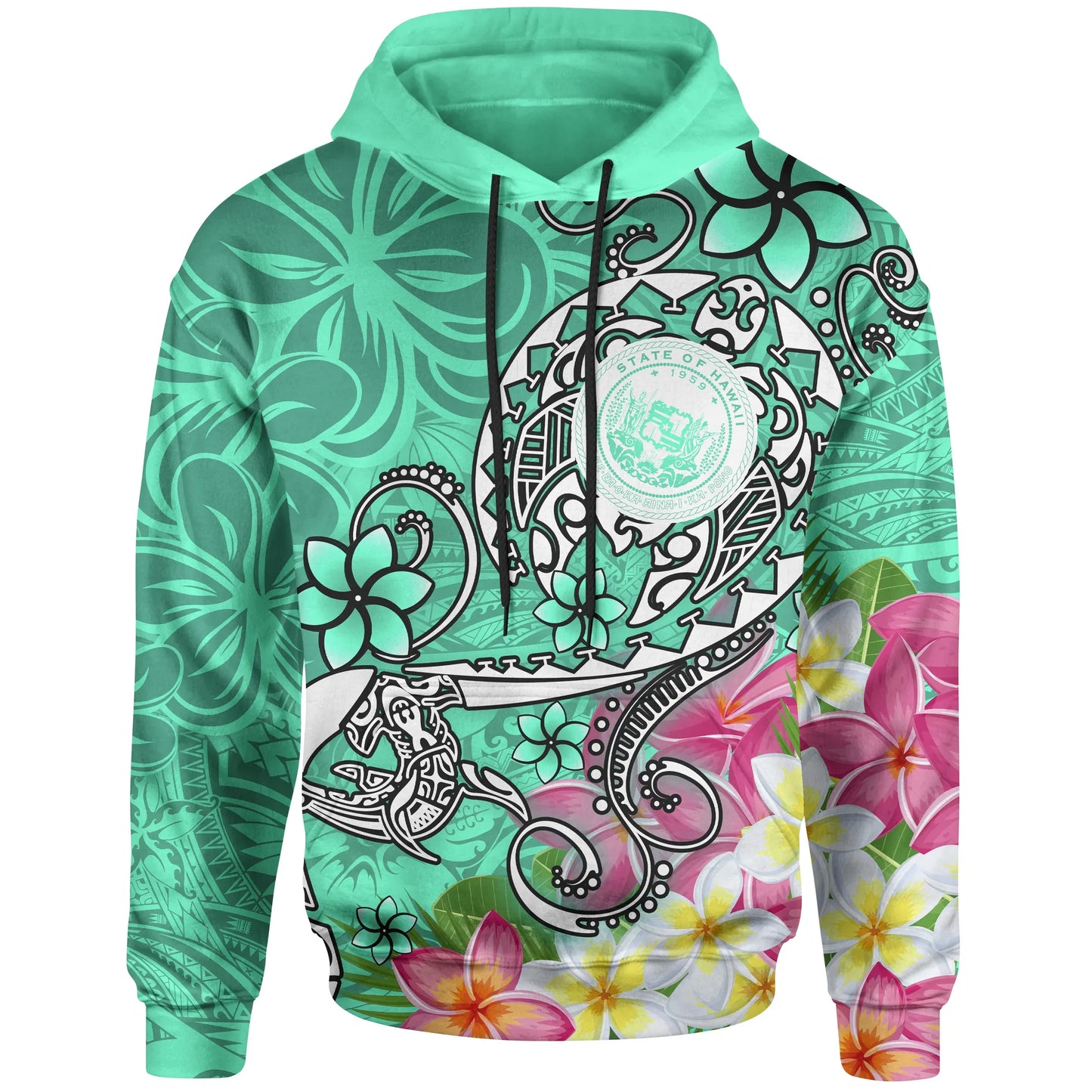 Hawaii Polynesian Hoodie - Hawaii Seal With Turtle Plumeria (Turquoise)