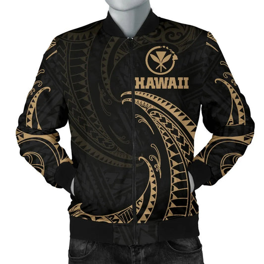 Hawaii Polynesian Bomber Jacket - Gold Tribal Wave