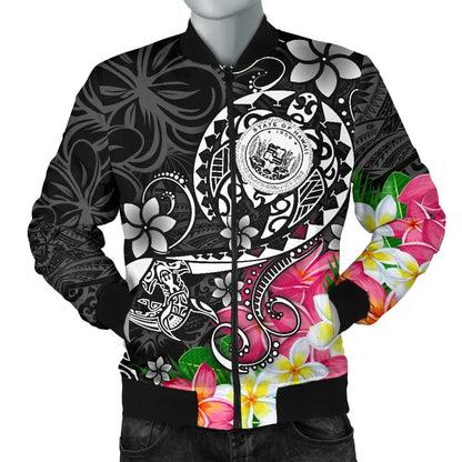 Hawaii Polynesian Bomber Jacket - Hawaii Seal With Turtle Plumeria (Black)