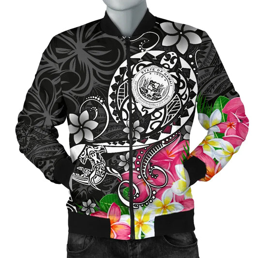 Hawaii Polynesian Bomber Jacket - Hawaii Seal With Turtle Plumeria (Black)