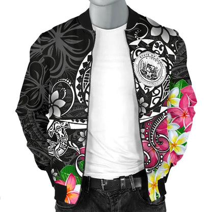 Hawaii Polynesian Bomber Jacket - Hawaii Seal With Turtle Plumeria (Black)