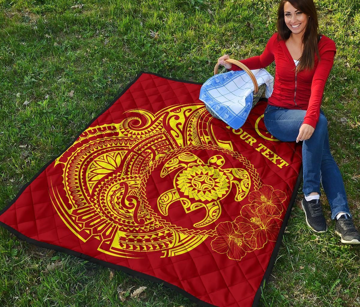 Hawaii Polynesian Personalised Premium Quilt - Vintage Polynesian Turtle (Red)