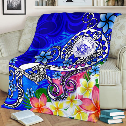 Hawaii Polynesian Premium Blanket - Hawaii Seal With Turtle Plumeria (Blue)