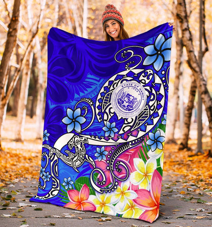 Hawaii Polynesian Premium Blanket - Hawaii Seal With Turtle Plumeria (Blue)